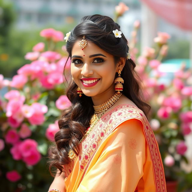 A beautiful bride wearing a cute and colorful saree adorned with intricate embroidery, radiating joy and elegance