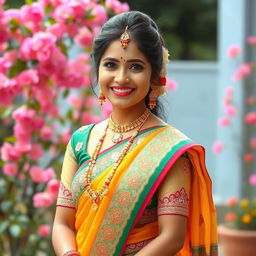 A beautiful bride wearing a cute and colorful saree adorned with intricate embroidery, radiating joy and elegance