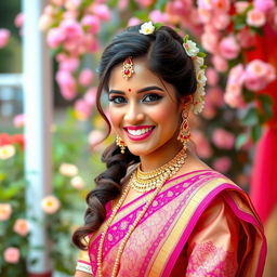 A beautiful bride wearing a cute and colorful saree adorned with intricate embroidery, radiating joy and elegance