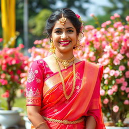 A beautiful bride wearing a cute and colorful saree adorned with intricate embroidery, radiating joy and elegance