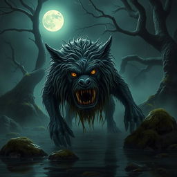 A menacing bog dog emerging from a dark, foggy marsh, its matted fur dripping with wetness and vegetation