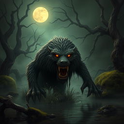 A menacing bog dog emerging from a dark, foggy marsh, its matted fur dripping with wetness and vegetation