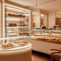 A modern Parisian style interior of a bakery cafe with a white color scheme, featuring elegant furniture, beautiful bright lighting, freshly baked pastries elegantly displayed in clear glass cases, and state-of-the-art coffee brewing appliances.