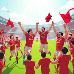 A vibrant and dynamic illustration featuring the best players from the Persepolis football club, showcasing their iconic red jerseys and celebrating a win