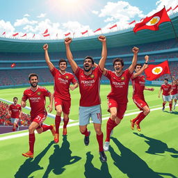 A vibrant and dynamic illustration featuring the best players from the Persepolis football club, showcasing their iconic red jerseys and celebrating a win
