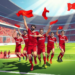 A vibrant and dynamic illustration featuring the best players from the Persepolis football club, showcasing their iconic red jerseys and celebrating a win