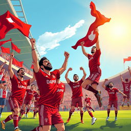 A vibrant and dynamic illustration featuring the best players from the Persepolis football club, showcasing their iconic red jerseys and celebrating a win