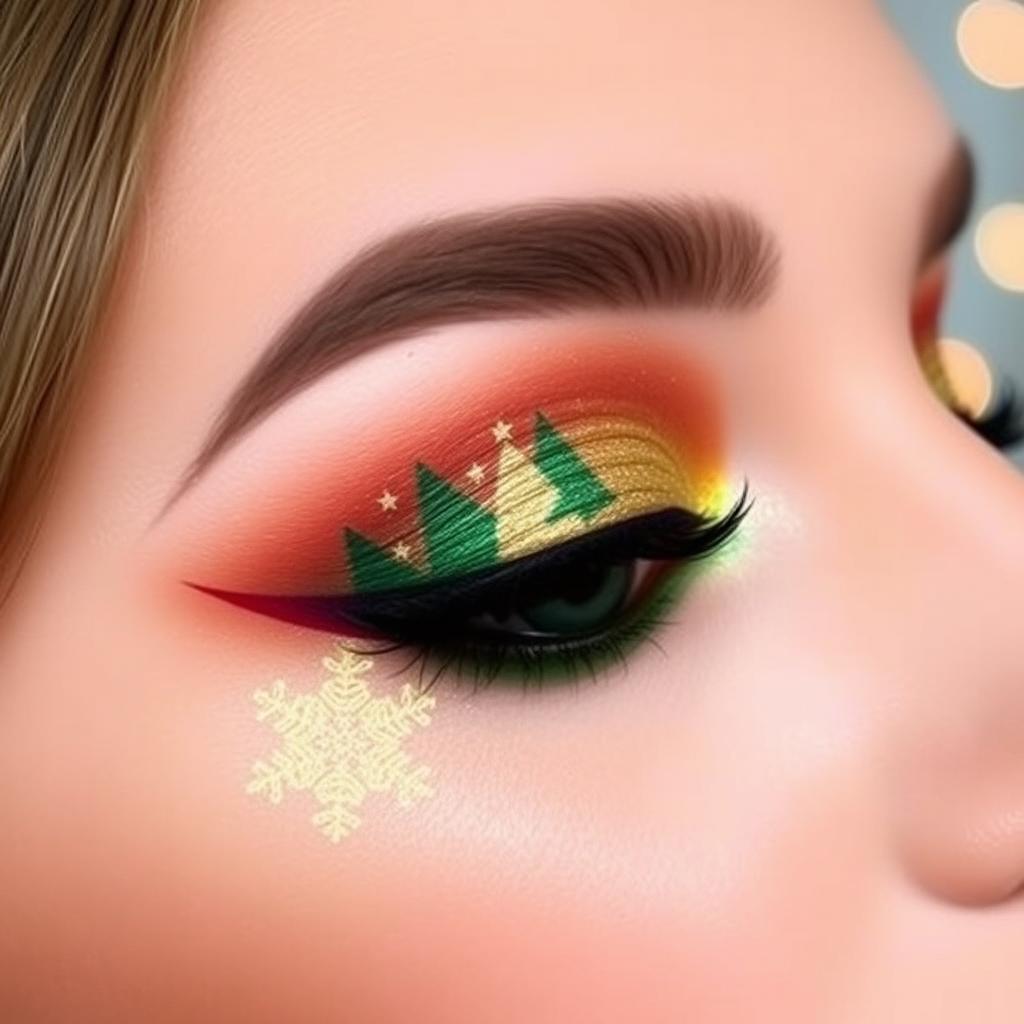 A creative Christmas eye makeup look that embodies the festive spirit with a blend of vibrant colors like deep red, forest green, and sparkling gold