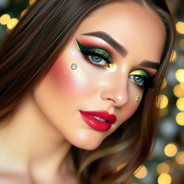 A creative Christmas eye makeup look that embodies the festive spirit with a blend of vibrant colors like deep red, forest green, and sparkling gold