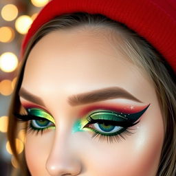 A creative Christmas eye makeup look that embodies the festive spirit with a blend of vibrant colors like deep red, forest green, and sparkling gold