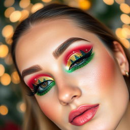 A creative Christmas eye makeup look that embodies the festive spirit with a blend of vibrant colors like deep red, forest green, and sparkling gold