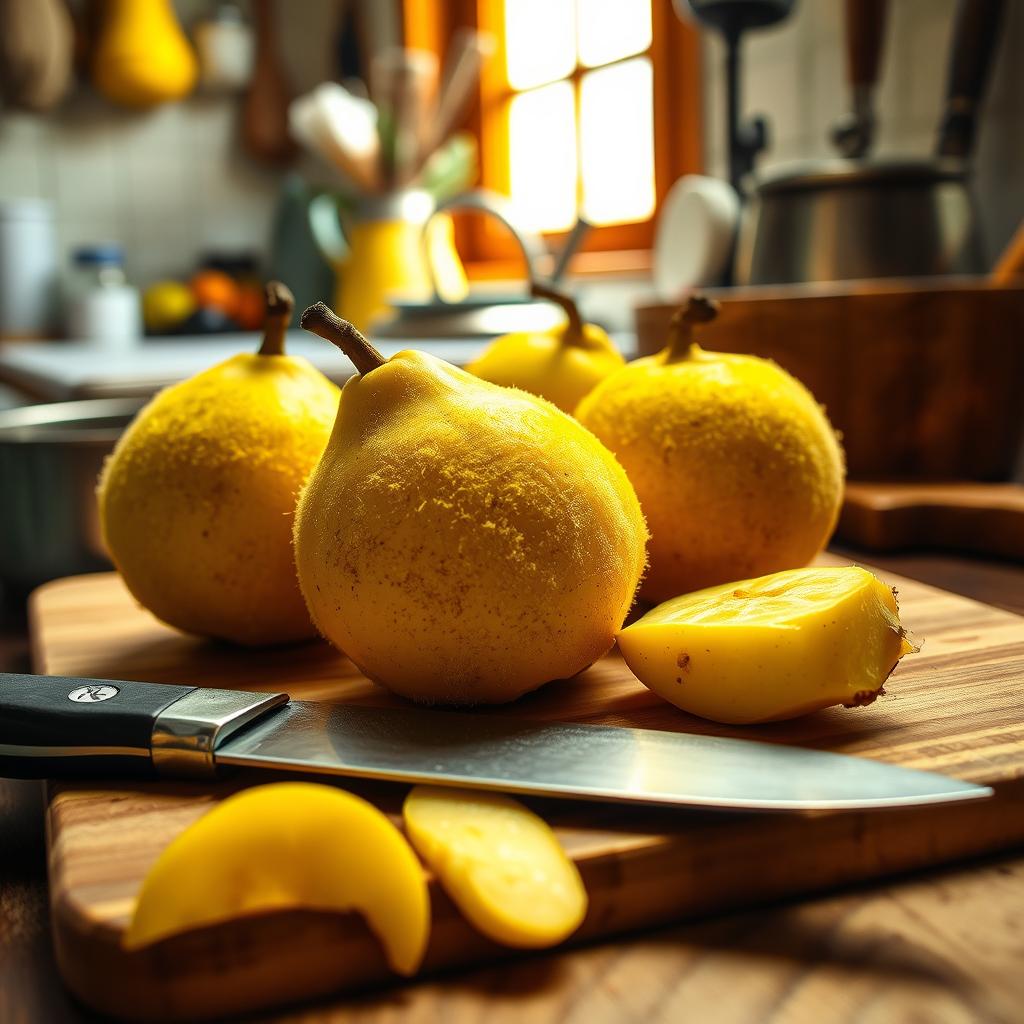A still life composition of a rustic kitchen setting, featuring fresh quinces on a wooden cutting board, with a sharp knife poised nearby