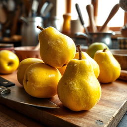 A still life composition of a rustic kitchen setting, featuring fresh quinces on a wooden cutting board, with a sharp knife poised nearby