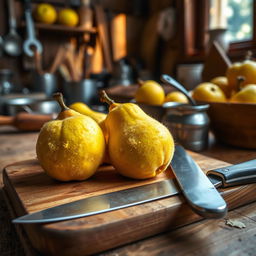 A still life composition of a rustic kitchen setting, featuring fresh quinces on a wooden cutting board, with a sharp knife poised nearby
