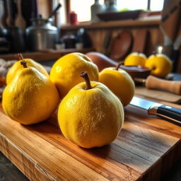 A still life composition of a rustic kitchen setting, featuring fresh quinces on a wooden cutting board, with a sharp knife poised nearby