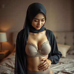 An elegant Malay woman in a hijab, posed gracefully in a mid shot portrait