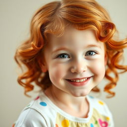 A charming portrait of a young girl with vibrant auburn hair styled in soft, flowing curls