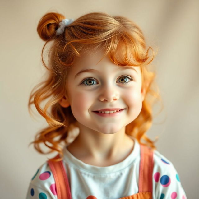 A charming portrait of a young girl with vibrant auburn hair styled in soft, flowing curls