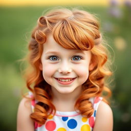 A charming portrait of a young girl with vibrant auburn hair styled in soft, flowing curls
