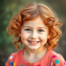 A charming portrait of a young girl with vibrant auburn hair styled in soft, flowing curls