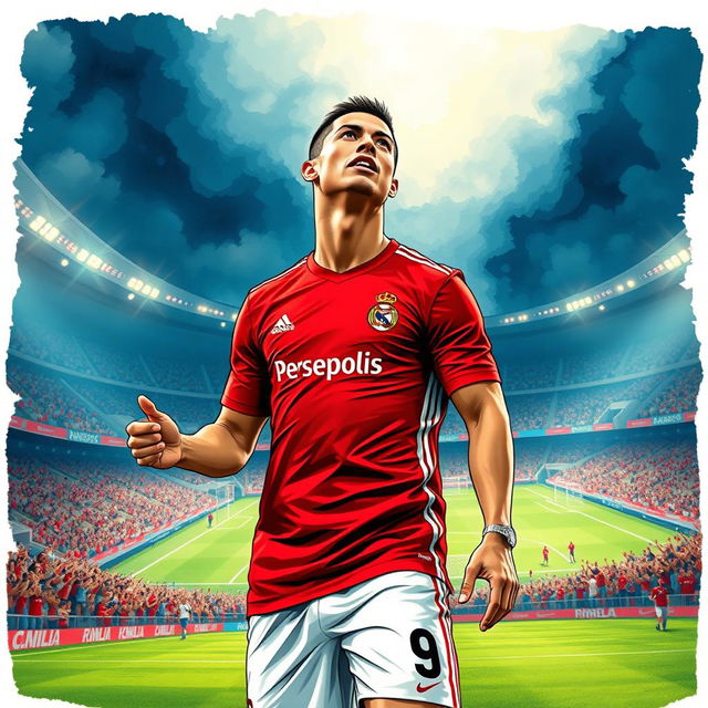 An imaginative and captivating illustration of Cristiano Ronaldo wearing the Persepolis football club jersey