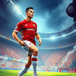 An imaginative and captivating illustration of Cristiano Ronaldo wearing the Persepolis football club jersey