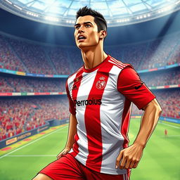 An imaginative and captivating illustration of Cristiano Ronaldo wearing the Persepolis football club jersey