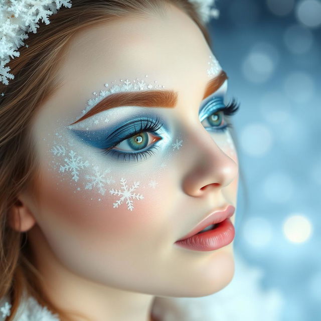 A creative snowy Christmas eye makeup look that captures the essence of a winter wonderland