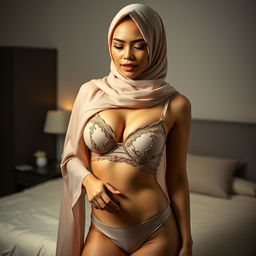 A graceful Malay woman wearing a hijab, posed elegantly in a mid shot portrait