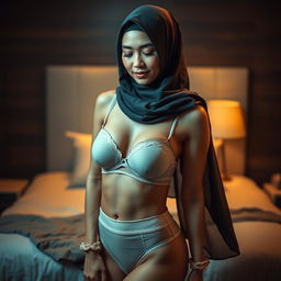 A graceful Malay woman wearing a hijab, posed elegantly in a mid shot portrait