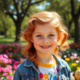 A cheerful young girl with striking auburn hair styled in soft waves