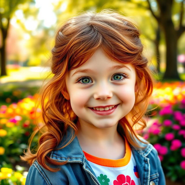 A cheerful young girl with striking auburn hair styled in soft waves