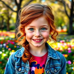 A cheerful young girl with striking auburn hair styled in soft waves