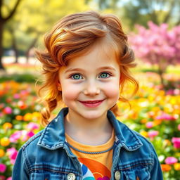 A cheerful young girl with striking auburn hair styled in soft waves