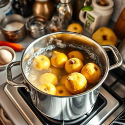 A dynamic kitchen scene showcasing quinces cooking in a stainless steel pot on a stove