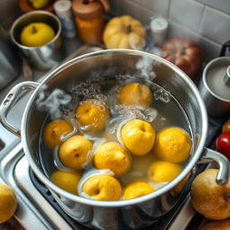 A dynamic kitchen scene showcasing quinces cooking in a stainless steel pot on a stove