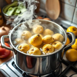 A dynamic kitchen scene showcasing quinces cooking in a stainless steel pot on a stove