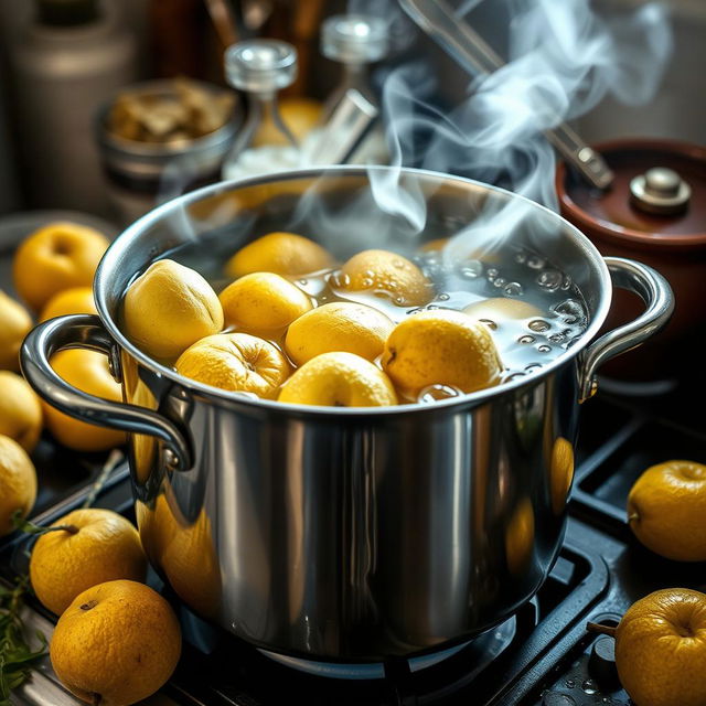 A dynamic kitchen scene showcasing quinces cooking in a stainless steel pot on a stove