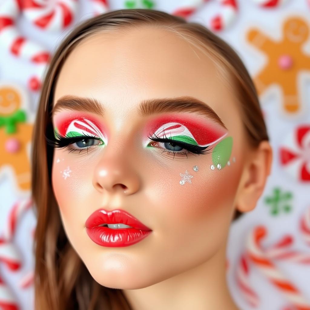 A whimsical Christmas candy-themed eye makeup look that captures the joy of holiday treats