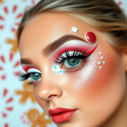 A whimsical Christmas candy-themed eye makeup look that captures the joy of holiday treats