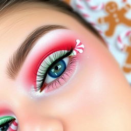 A whimsical Christmas candy-themed eye makeup look that captures the joy of holiday treats