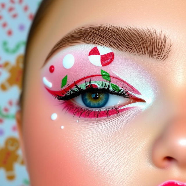 A whimsical Christmas candy-themed eye makeup look that captures the joy of holiday treats