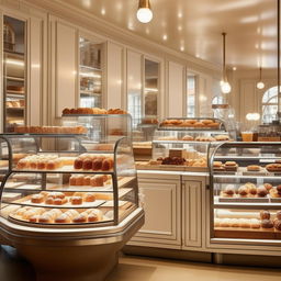 A modern Parisian style interior of a bakery cafe with a white color scheme, featuring elegant furniture, beautiful bright lighting, freshly baked pastries elegantly displayed in clear glass cases, and state-of-the-art coffee brewing appliances.