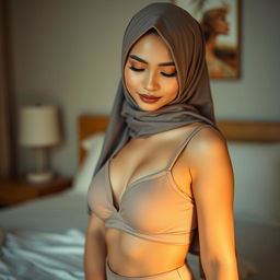 A graceful Malay woman in a hijab, elegantly posed in a mid shot portrait