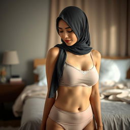 A graceful Malay woman in a hijab, elegantly posed in a mid shot portrait