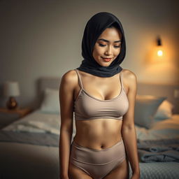 A graceful Malay woman in a hijab, elegantly posed in a mid shot portrait