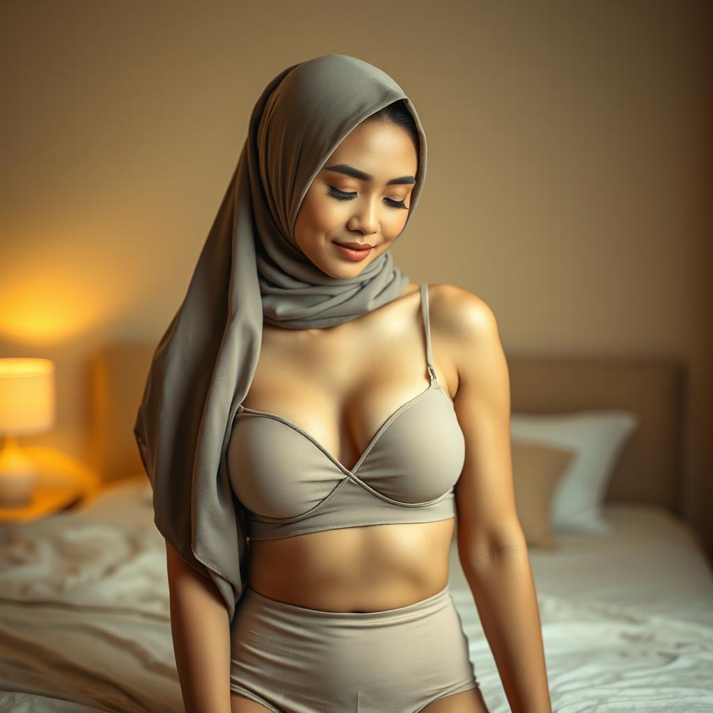 A graceful Malay woman in a hijab, elegantly posed in a mid shot portrait