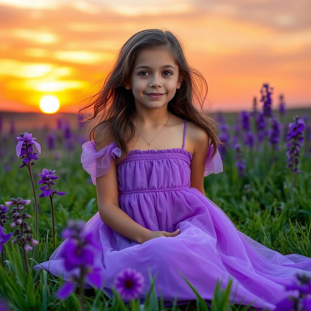 A beautiful girl wearing a flowing purple dress, surrounded by vibrant purple flowers