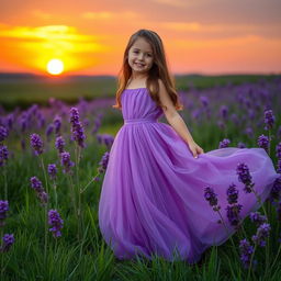 A beautiful girl wearing a flowing purple dress, surrounded by vibrant purple flowers