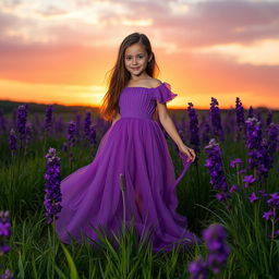 A beautiful girl wearing a flowing purple dress, surrounded by vibrant purple flowers